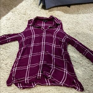 Express Red Button Down Shirt with Notched Collar and Cut Out Sleeves